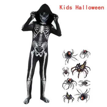 Fant Grozljivo Strašljivo Okostje Kostum Skelebones Kostum Kosti Jumpsuit Otroci Halloween Obleko Gor Hooded Pustnih Kostumov