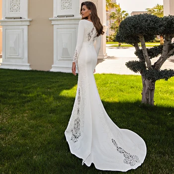 Poročne Obleke White Elegantna Temperament Plemenito Poroka Banket Obleko Fishtail Obleko Z Dolgimi Rokavi Dragtail Proti-Vrat Poročne Obleke 0