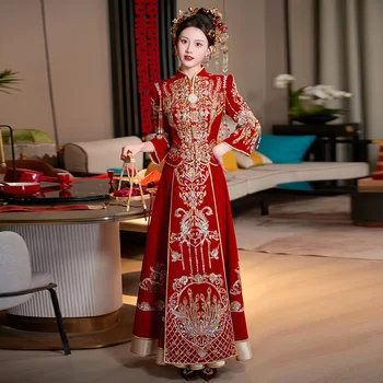 Velur Xiuhe Oblačila Zmaj Phoenix Obleke Sequins Beaded Vezenje Princess Poroka Oblek Neveste Kitajski Poročno Obleko
