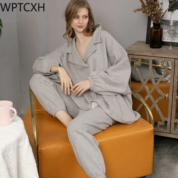 WPTCXH Ženske Jeseni, Pozimi More korejska Različica Čiste Barve Svoboden Priložnostne Pižamo Toplo Plus Debelo Doma Nastavite Loungewear 0