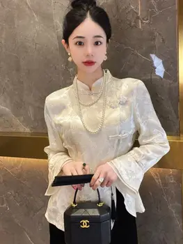 2024 novi kitajski slog jacquardske qipao ovratnik, kratkimi rokavi bluzo za ženske dekle retro bluzo izboljšano tanguits dnevno bluzo 0