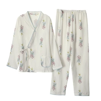 Ženske Kimono Pižamo Čista Bombažna Preja Japonski slog Privezan Jopico Dolg Rokav Nastavljiv Tiskanja Doma Spanjem Nositi Tanko