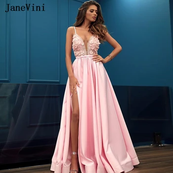 JaneVini Charming Princess Pink Plus Velikost Prom Obleke 2020 Špagete Trakovi Ročno Izdelane Rože Kroglice Linije Saten Dolge Halje Maturantski Ples 0