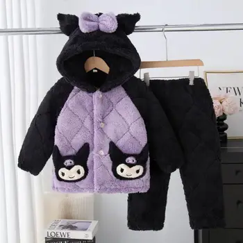 Kawaii Kuromi Wintertime Dekle Tri Plasti Bombaža Vpenjanje Stopnjevanje Pižamo Loungewear Nastavite Otroci Klobuk Toplo Flanela 0