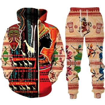 Dashiki Plemenski Hlače Kompleti, za Moške Trenirko Obleke Etnične 3d Afriške Prevelik pulover s kapuco Šport Nastavi Skrivnost Modnih Mens Obleko Vrhovi