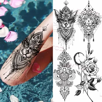 Black Cat Henna Začasne Tetovaže Za Ženske Odraslih Geometrijske Tiger Čipke Rose Ponaredek Tatoo Realne Body Art Okras Tatoos 0