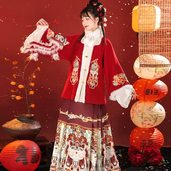 Tradicionalno Kitajsko Novo Leto Slog Hanfu Obleko Ming Dinastija Zgostitev Plašč Konj-obraz Krilo Pravljice Cape Plašč