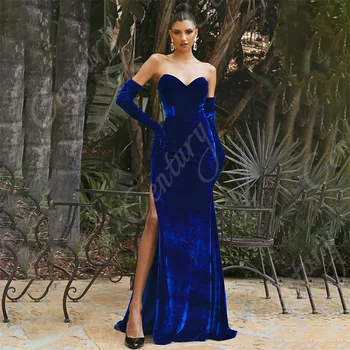 Royal Blue Velvet Večerne Obleke Izmenljivem Rokavi Naguban Prom Oblačenja Seksi Visoko Režejo Morska Deklica Formalne Priložnosti Stranka Oblek