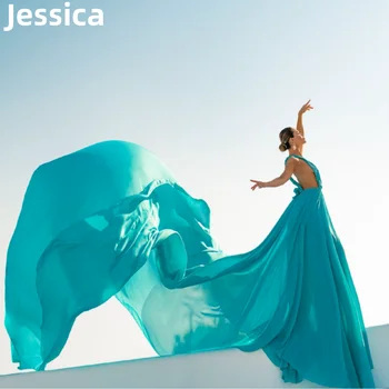 Jessica Svetlo Zelena, ki Plujejo pod Prom Obleke Seksi Backless Dolgim Repom Fotografija Večerne Obleke Proti-vrat Formalne Priložnosti Stranka Obleko