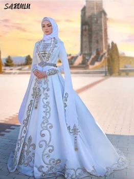 Bela Muslimanskih Poročne Obleke Za Ženske Caftan Zlato Appliques Žogo Obleke Nevesta Obleko S Pasom Cape Dolg Rokav Poročne Obleke