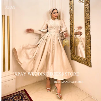 XPAY Skromno Dubaj arabski Ženske Večer Formalnih Obleke Puff Dolge Rokave Gumbi Svile Gleženj Dolžina Prom Stranka Obleko Z Hidžab