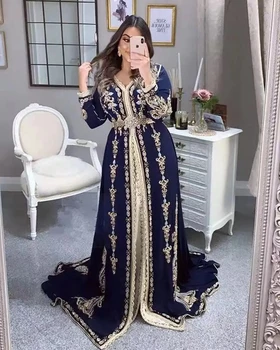 Modra Maroški Caftan Formalno Večerne Obleke A-linije Dolge Rokave Appliques Prom Obleke arabski Stranke Obleke 0