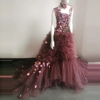 Fantastično Meri Obleko S 3D Cvetje Za Fotografijo Ustrelil vidi Skozi Backless Prom Oblačenja Appliques Večerno Obleko Z Vlakom