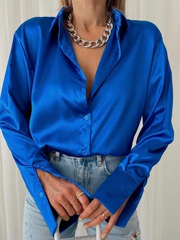 Ženske 2023 Elegantno Saten Trdna Dolg Rokav Bluze Za Ženske Chic Vintage Modro Zeleno Priložnostne Ohlapna Gumbi Navzdol Majice, Vrhovi
