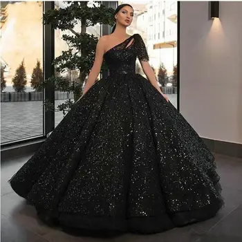 2023 Sparkly Blistati Bleščica Dubaj Prom Oblačenja Eno Ramo Črno Žogo Obleke Kroglice Zvečer Uradna Stranka Nositi Vestido De Fiesta