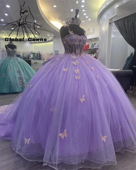 Lilac Purple Ljubica Žogo Quinceanera Obleke Oblačenja Za Dekleta Lok Metulj Rojstni Halje Beaded Maturantski Vestido De 15 Anos