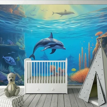 Otroška Spalnica Doma Dekor Zidana Ozadje Risanka Lepe Modre barve Podvodnega Sveta Delfinov, otroška Soba Ozadju Stenske Nalepke