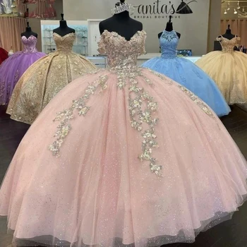 Pink Princess Quinceanera Obleke Off Ramenski Sparkly Cvet Appliques Čipke Kroglice Žogo Obleke Sweet 16 Obleke vestidos de 15