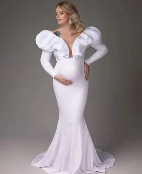 Elegantno Belo Večerne Obleke za Photoshoot V Vratu Dolge Rokave morska deklica Porodniškega Seksi Oblačilih, Dimnikar Vlak Baby Tuš Oblek 0