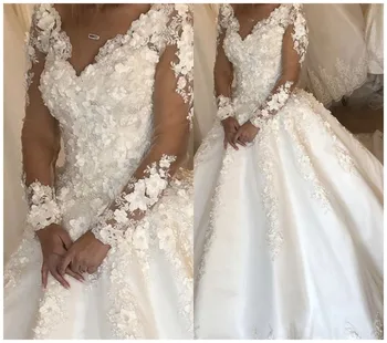 Retro Bele Čipke Poročne Obleke Princess 3D Cvetlični Dolge Rokave Dubaj Saten Poročne Halje Krasen Zveze Plus Velikost Oblikovalec