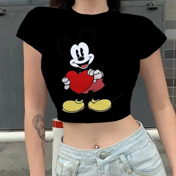 Ženske T-Shirt Obreži Zgoraj Disney Mickey Mouse Tiskanja Poletje korejski Moda Kratek Rokav Seksi Letnik Ulične Tees Y2k Oblačila 0