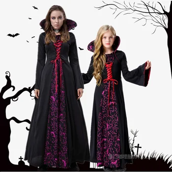 Srednjeveški čipke stojalo ovratnik natisnjeni dolgo obleko za odrasle in otroke, Gothic vampir kostum za noč Čarovnic 0
