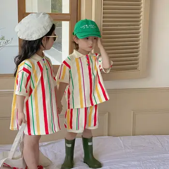 Brat Brat in Sestra Oblačila 2023 Poletje Novi korejski Otrok Črtasto Plesti Obleko Dekle je Srajco, Obleko ali Fant je Dve Delni Set