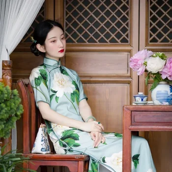 Poletje Azijskih Žogo Obleke Kitajski Qipao Obleko za Ženske Elegantne Saten Stojalo Ovratnik Cvjetnim Natisne Kratkimi Cheongsam Obleke 0