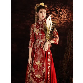 Tradicionalna Kitajska Visoke Kakovosti Vezenje Poročna Obleka Nevesta Rdeče Naguban Xiuhe Oblačila Retro Prefinjenim Stilom Poročiti Cheongsam