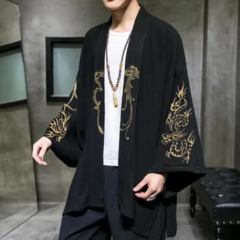 TPJB Nove Modne Kopalke Vezenje Hanfu Mens Kitajski Slog Haljo Jopico Prevelik Suknjič Kimono 5XL Stari Moški Plašč