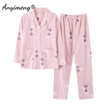Bombažno Pižamo za Ženske Jeseni, Zime Dolge Rokave Pajama za Dekle Cvjetnim Tiskanja Cadigan Sleepwear Moda Loungewear Pižame