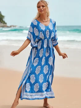 Plaža prikriti Geometrijske Natisnjeni Kaftans za Ženske Vitek Pas Kratek Rokav Kopalne Obleke Maxi Obleke Tunika Obmorskih Plažo 0