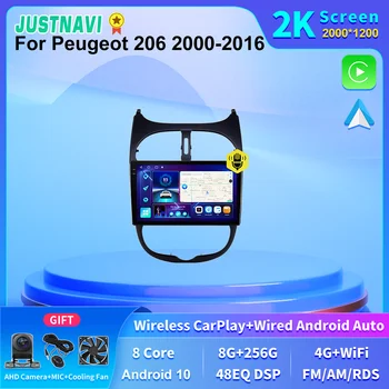 JUSTNAVI 2K Zaslonu avtoradia Stereo 4G LTE 8+256G Za Peugeot 206 2000 - 2016 Vgrajen Carplay Android Avto GPS Navigacija CSD